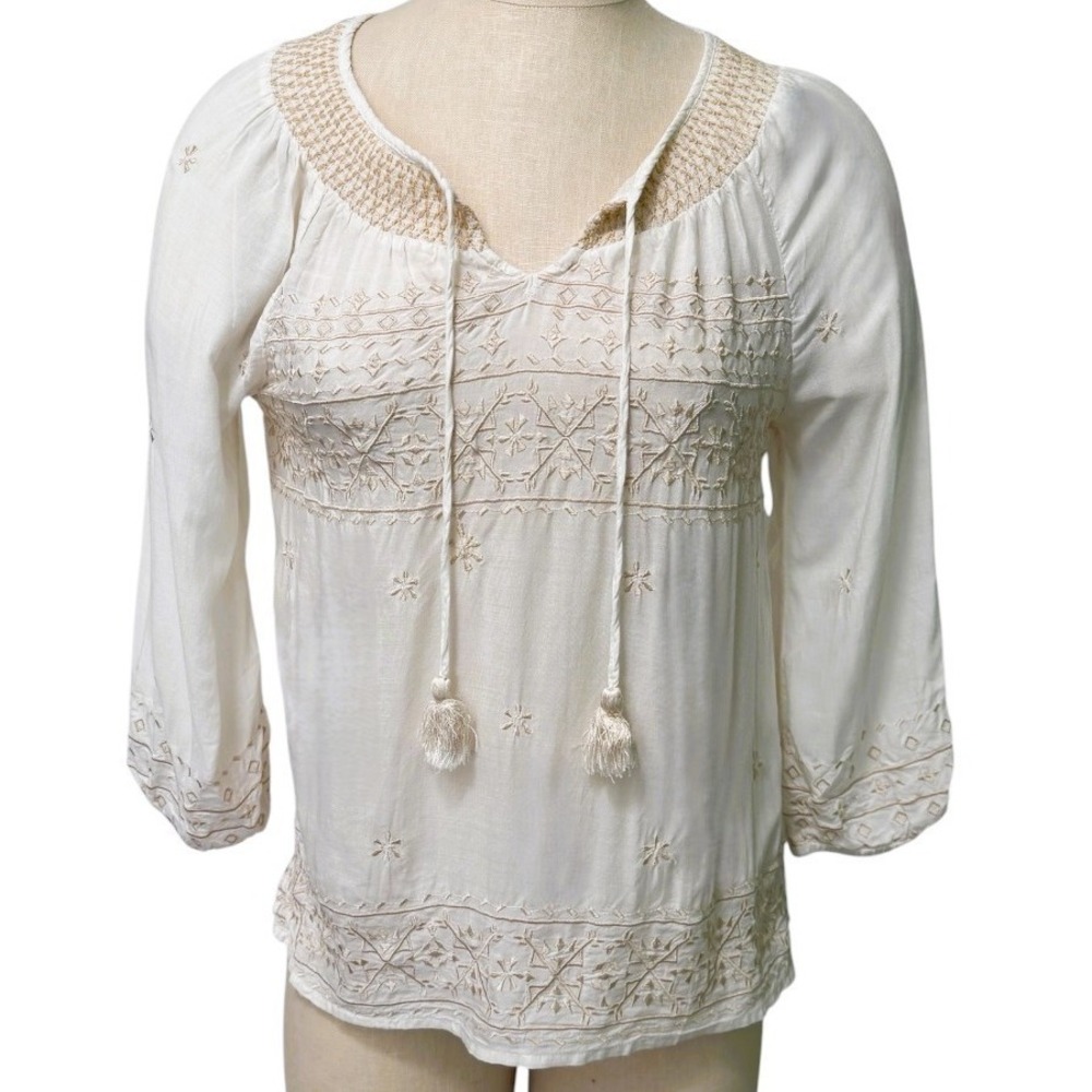 Lucky Brand S Peasant Blouse Cream Embroidered Rayon Boho Smocked Tassel